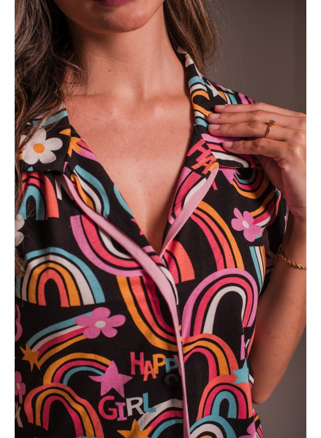 1281 conjunto pijama americano curto adulto feminino preto arco iris 16