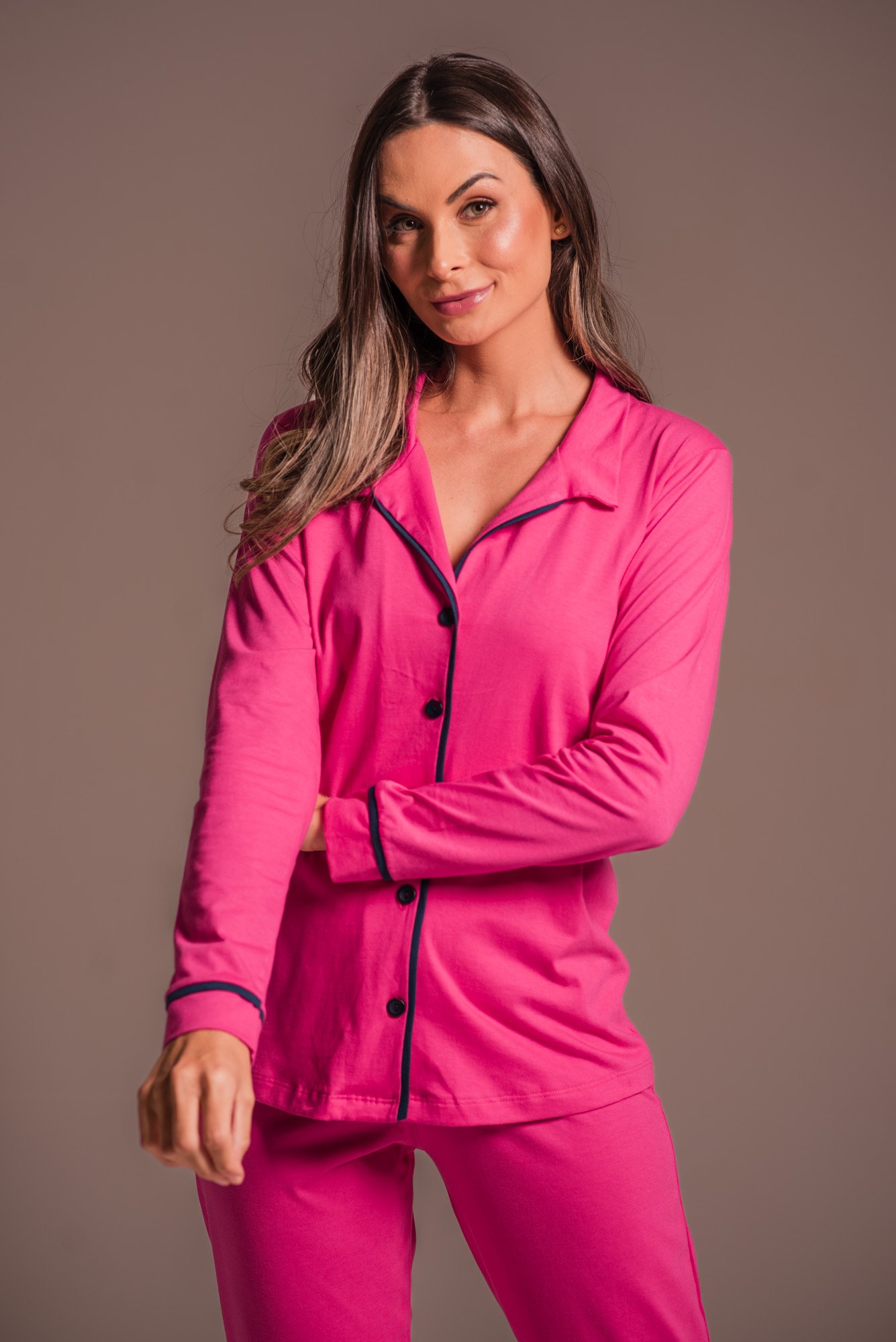 Conjunto Pijama Americano Longo 100% Algodão Adulto Feminino - PINK
