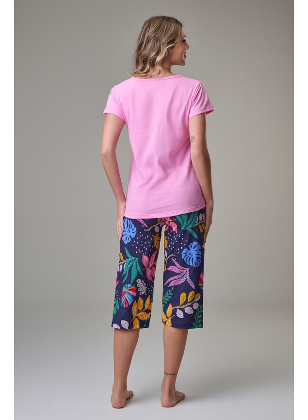 Conjunto Pijama Manga Curta e Capri 100% Algodão Adulto Feminino