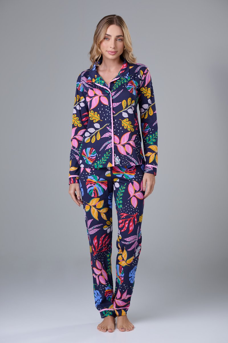 AmeriKEITAMARUYAMA×AMERIVOLUMEFLAREDRESS Conjunto Pijama Americano Longo 100% Algodão Adulto Feminino