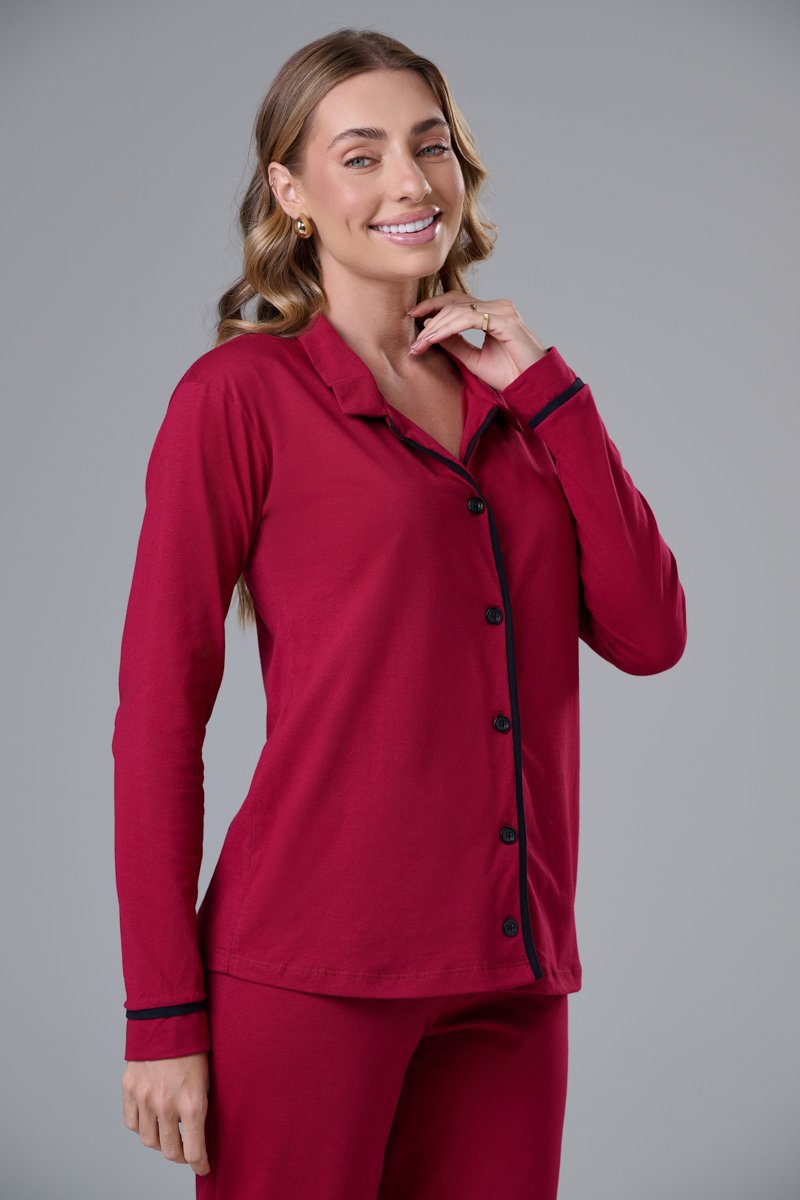 Conjunto Pijama Americano Longo 100% Algodão Adulto Feminino - MARSALA