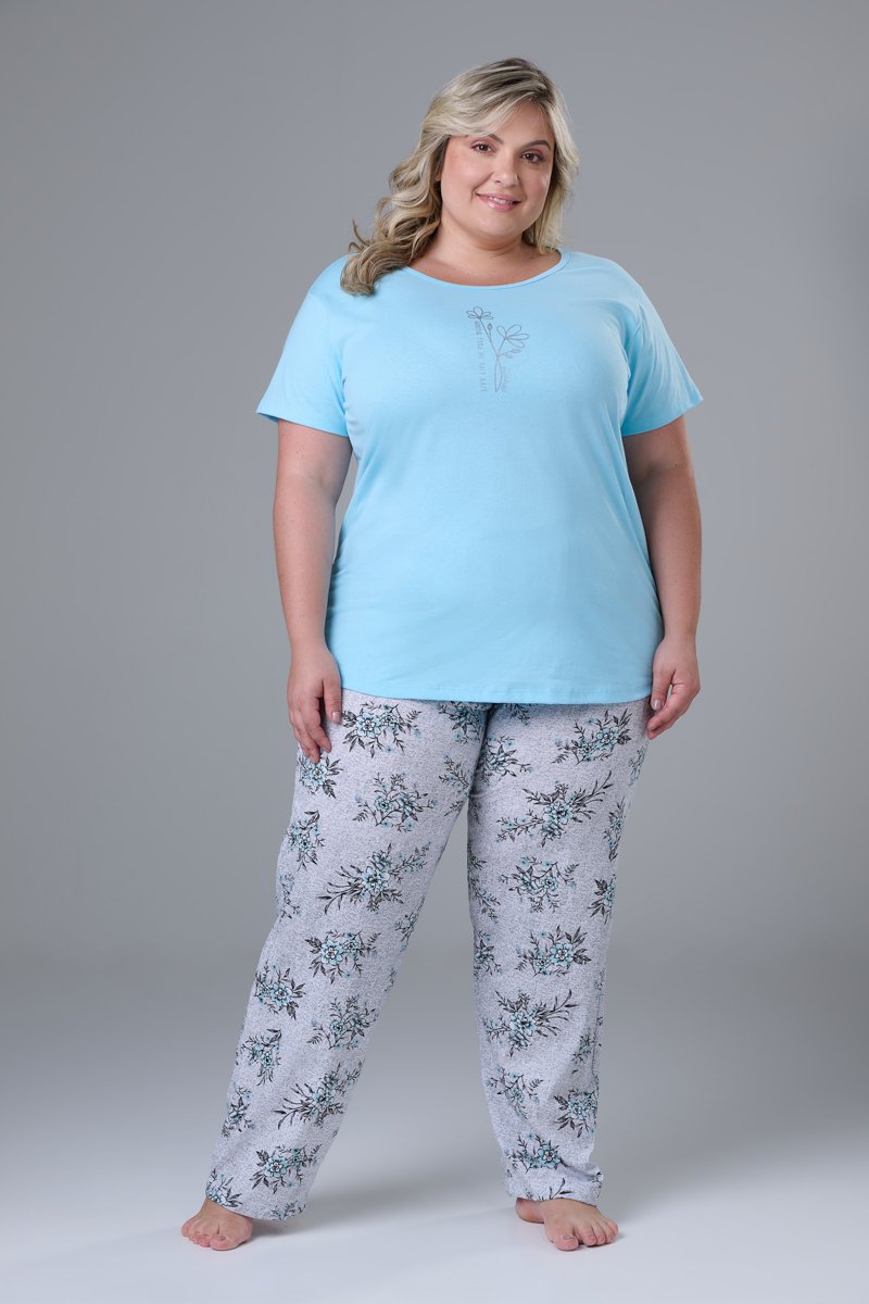 Conjunto Pijama Manga Curta com Calça 100% Algodão Adulto Feminino